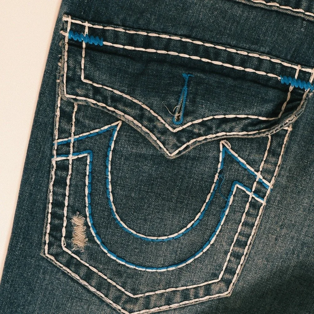 True Religion Ricky Super T Flap Jeans Men's Size 38 Black Denim White Stitch